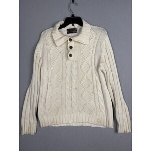 Vintage Sears Sweater Mens Medium White Argyle Cable Knit Collared Pullover 70s